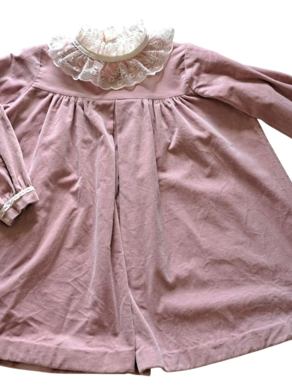 Vtg 60's Majesty Pink Rose Velvet Girls Dress With Lace Collar Cuffs Size 6 USA
